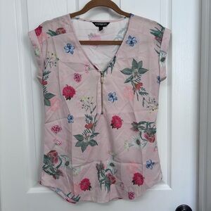 Pink Floral Zip Front Blouse | Express XS